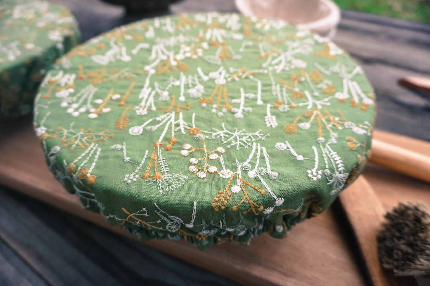 Reusable Green Botanical Bowl Cover Bread Proofing Cover Bread Baking Supplies, Washable, Embroidered fabric Double Layered, Food Safe.