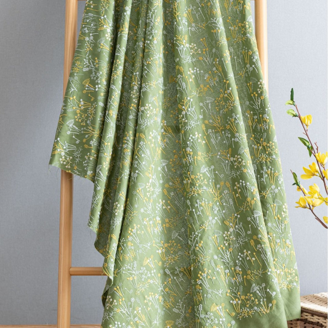 Green Wildflower Embroidered Cotton-Linen Fabric