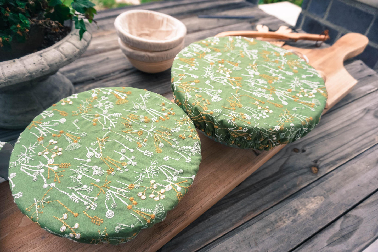 Reusable Green Botanical Bowl Cover Bread Proofing Cover Bread Baking Supplies, Washable, Embroidered fabric Double Layered, Food Safe.