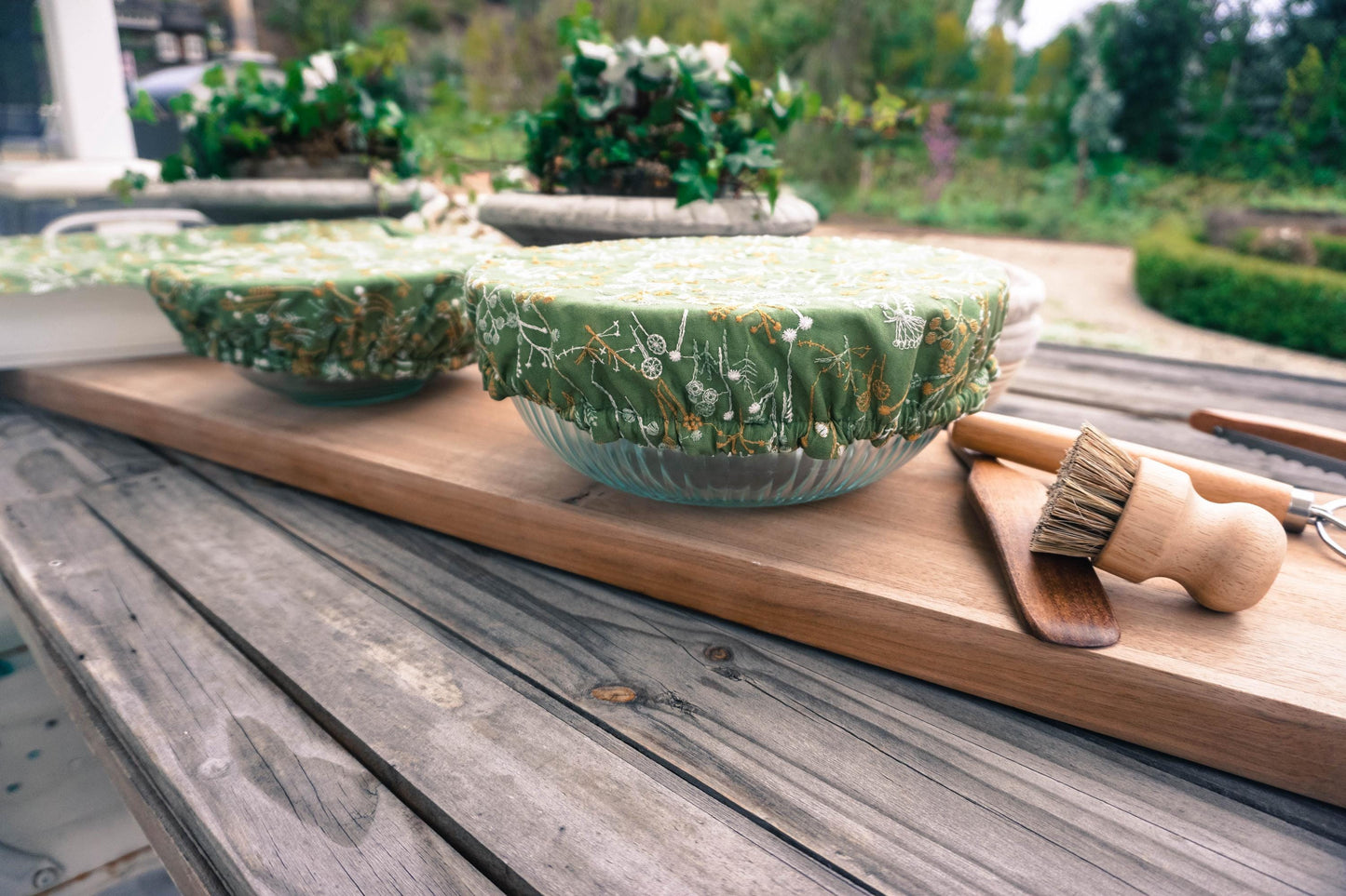 Reusable Green Botanical Bowl Cover Bread Proofing Cover Bread Baking Supplies, Washable, Embroidered fabric Double Layered, Food Safe.