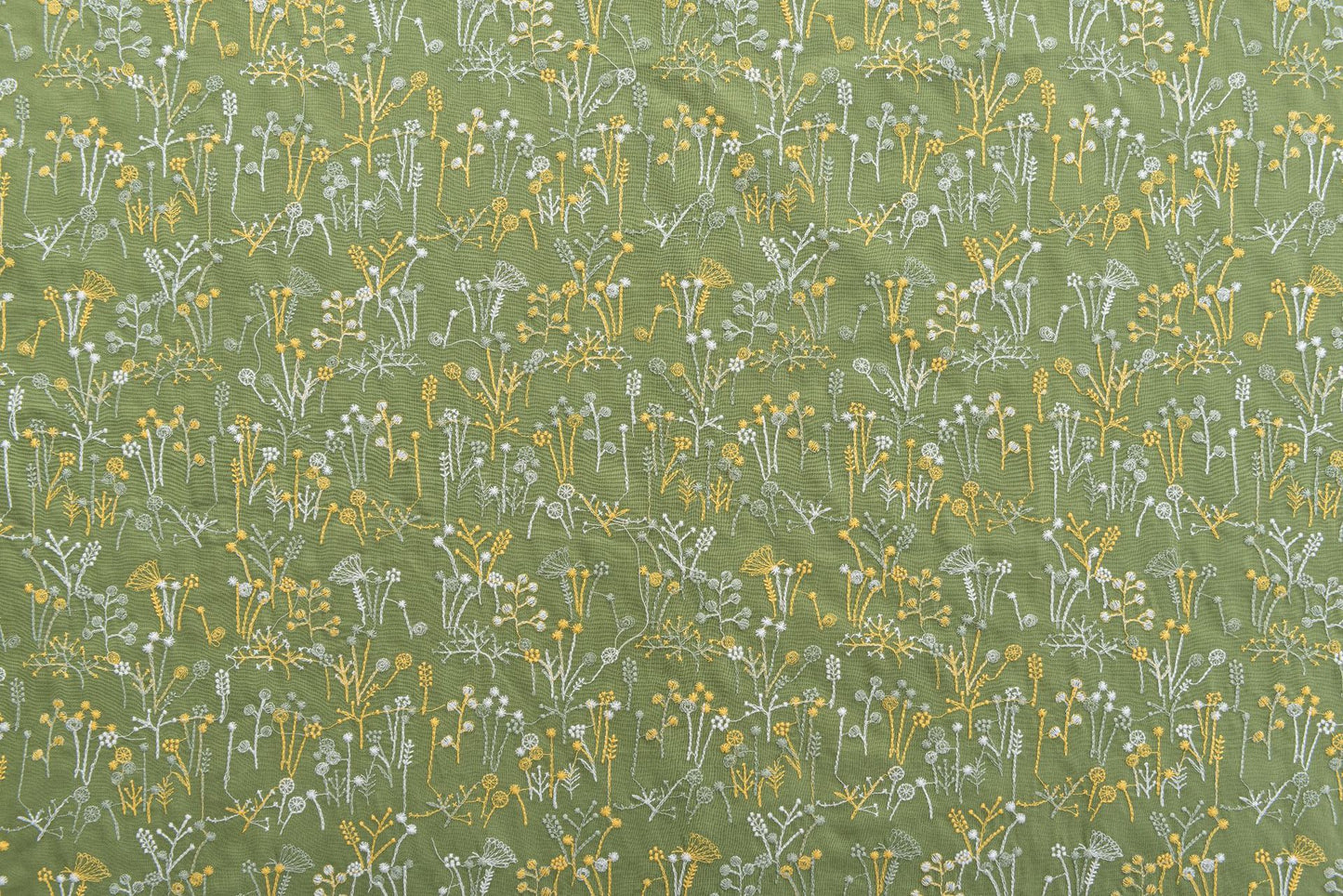Green Wildflower Embroidered Cotton-Linen Fabric