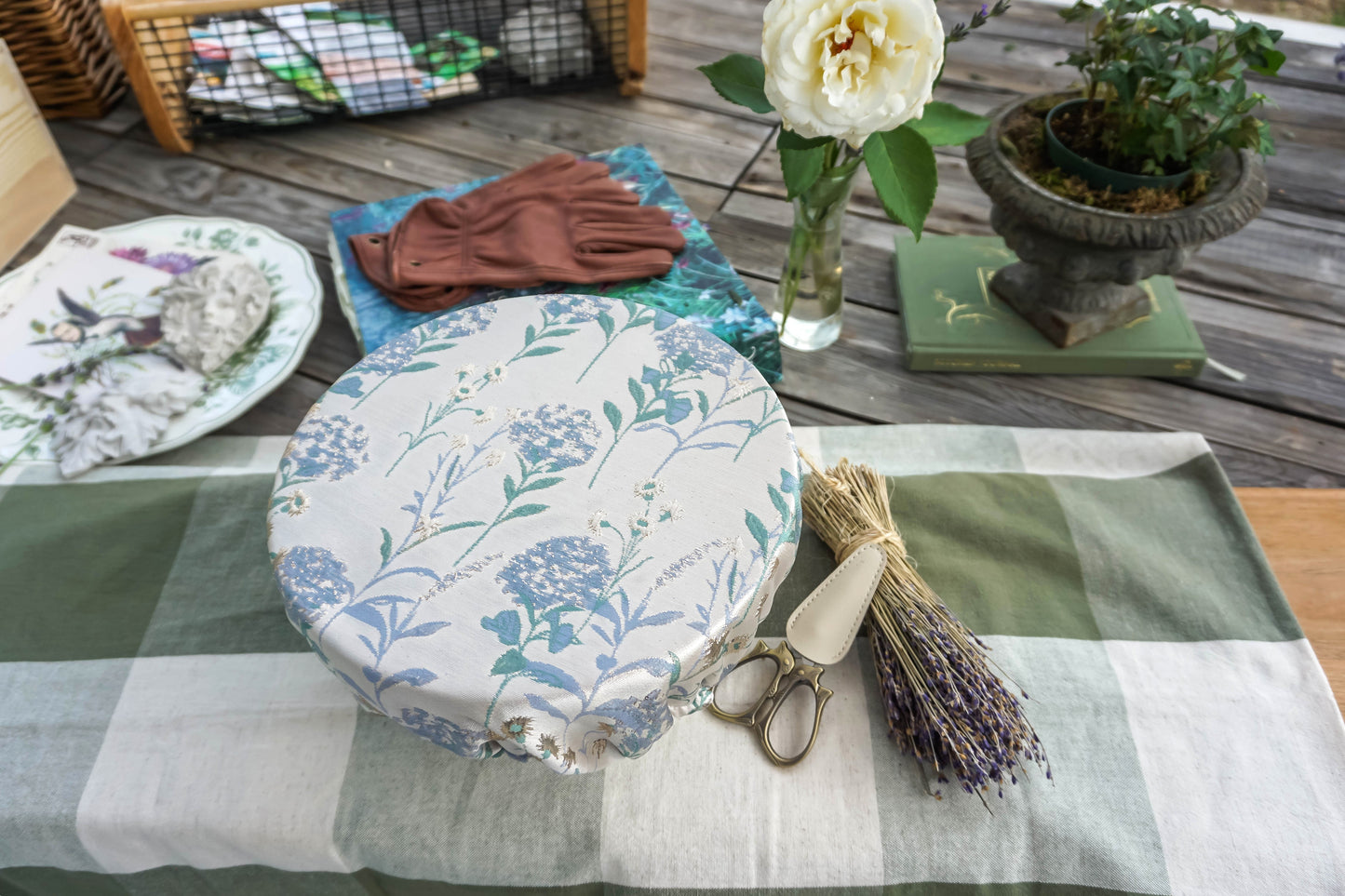 Sage Blue Hydrangea Bread Proofing Cover | English Garden Collection | Handmade Reusable Bowl Cover